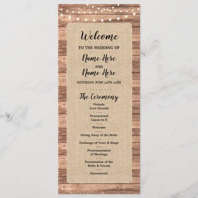 Programa Rustic Burlap Wood Lights Casamento (Frente)