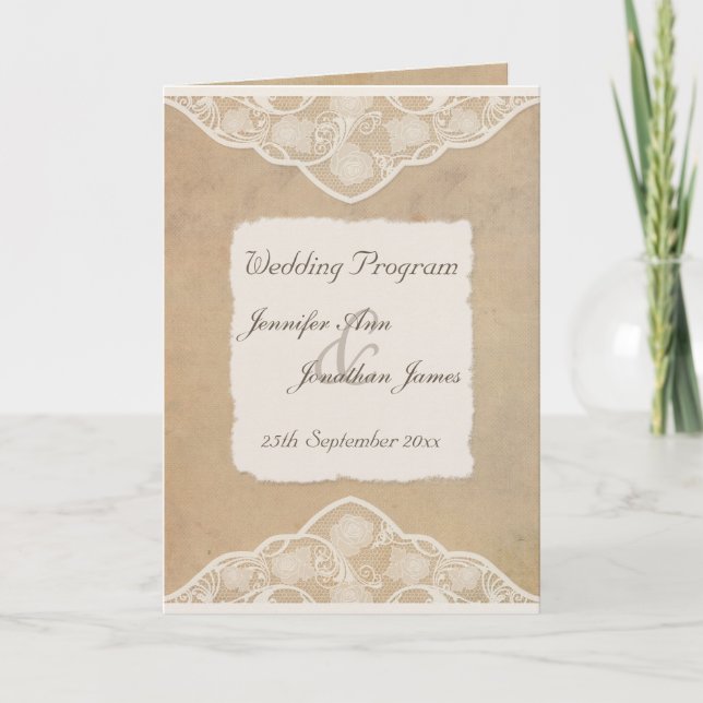 Programa Rustic Canvas, Paper & Lace Look Wedding Program (Frente)