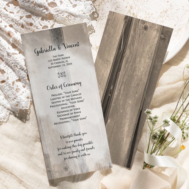 Programa Rustic Country Barn Wood Wedment (Give your guests your order of ceremony with this Rustic Barn Wood Wedding Program.)