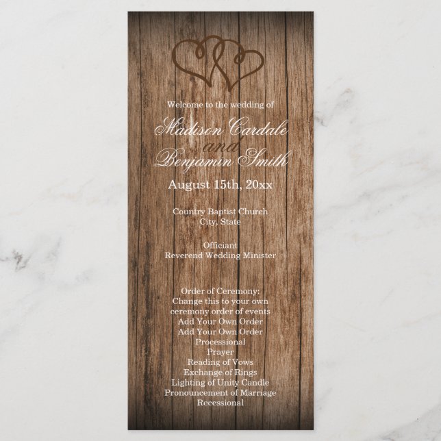 Programa Rustic Country Double Hearts Wood Wedding (Frente)