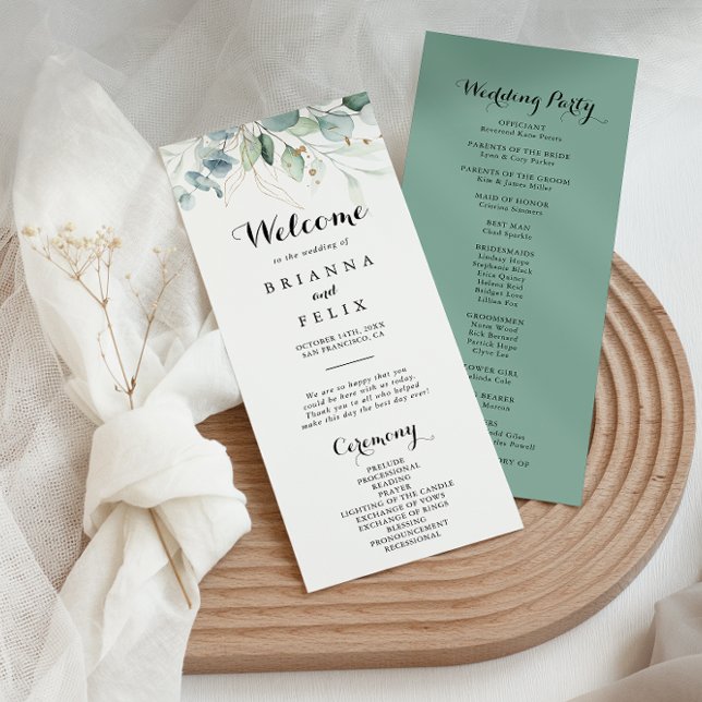 Programa Rustic Eucalyptus Gold Floral Wedding Program (Criador carregado)