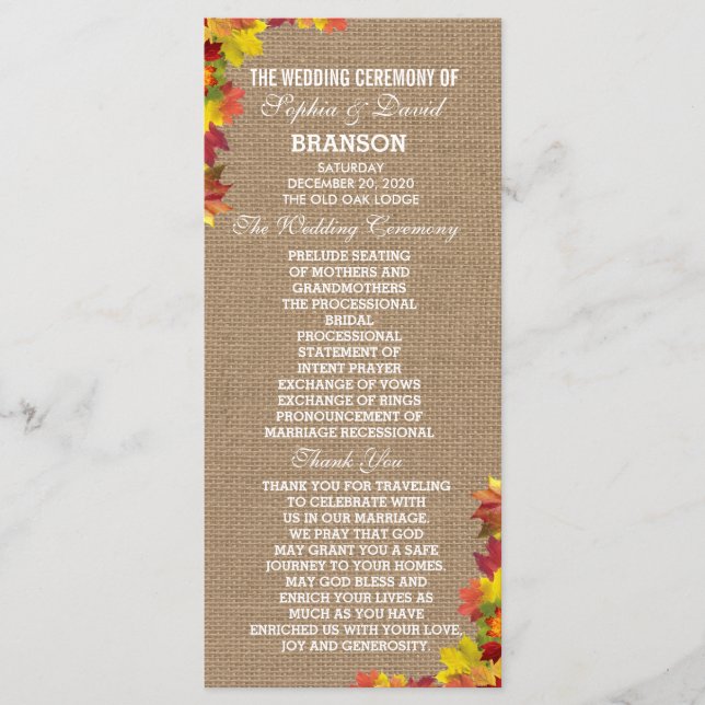 Programa Rustic Fall Deixa Burlap WedProgram Personalizado (Frente)
