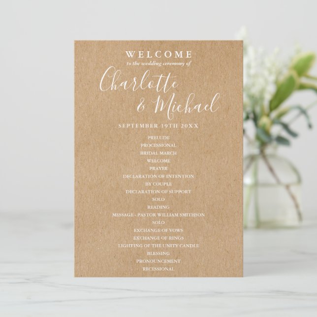 Programa Rustic Kraft Elegant Script Wedding (Em pé/Frente)