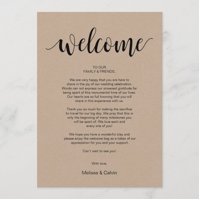 Programa Rustic Kraft Wedding Welcome and Itinerary Card (Frente)