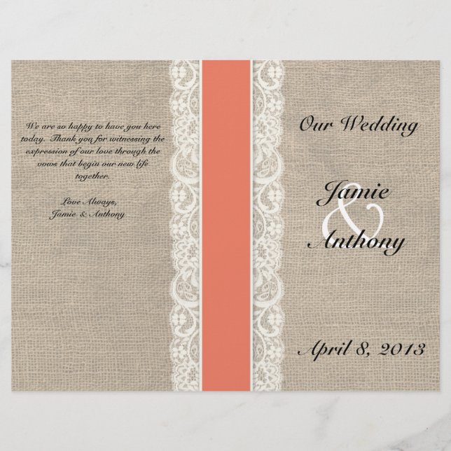 Programa Rustic Lace & Burlap Coral Ribbon Wedment (Frente)