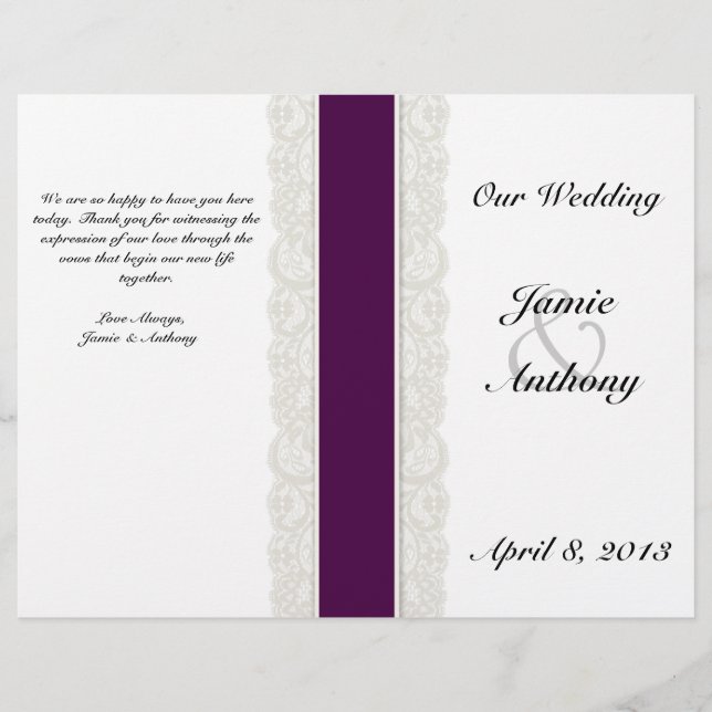 Programa Rustic Lace & Plum Ribbon Weding Program (Frente)