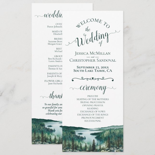 Programa Rustic Lake Tahoe Watercolor Landscape Wedding (Frente/Verso)
