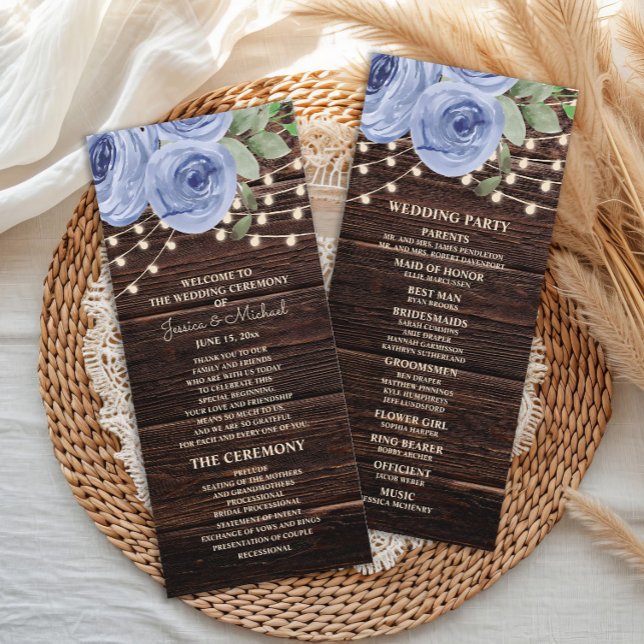 Programa Rustic String Lights Blue Floral Wedment Program (Dusty blue watercolor floral and string lights on rustic wood wedding program)