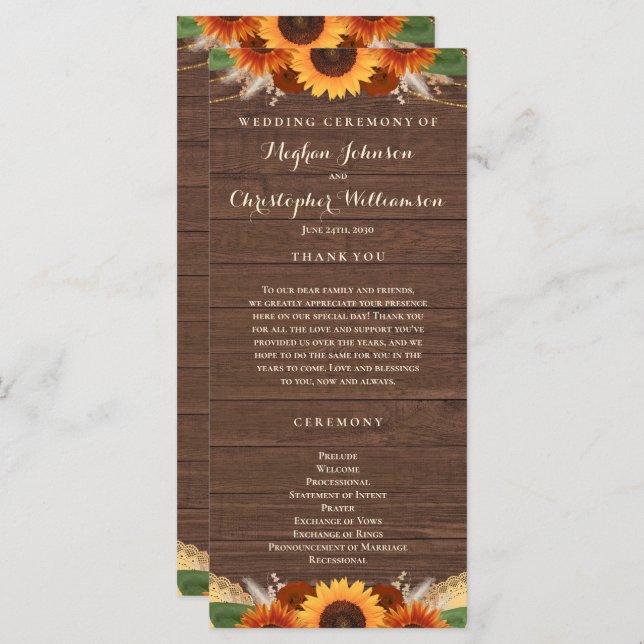 Programa Rustic Sunflower Terracotta Rosa Boho Weding (Frente/Verso)