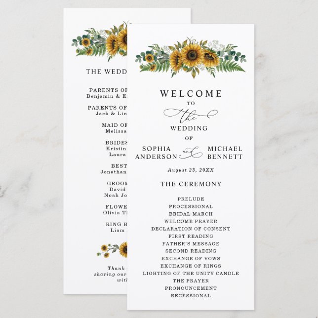 Programa Rustic Sunflower Wedding Program (Frente/Verso)