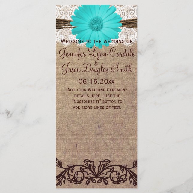 Programa Rustic Teal Gerber Daisy Country Wedding (Frente)