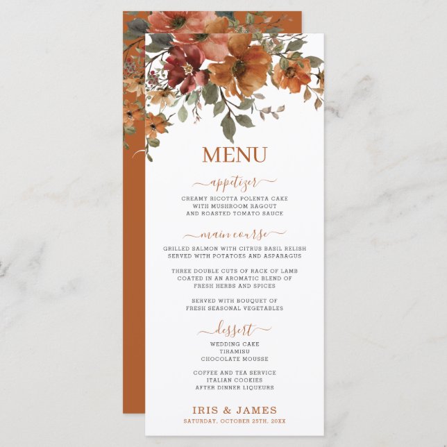 Programa Rustic Terracotta Burnt Orange Floral WedMenu (Frente/Verso)