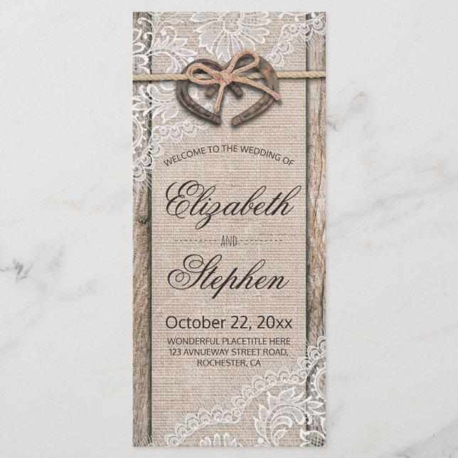 Programa Rustic Wood Horsferes Burlap Lace Wedding (Frente)