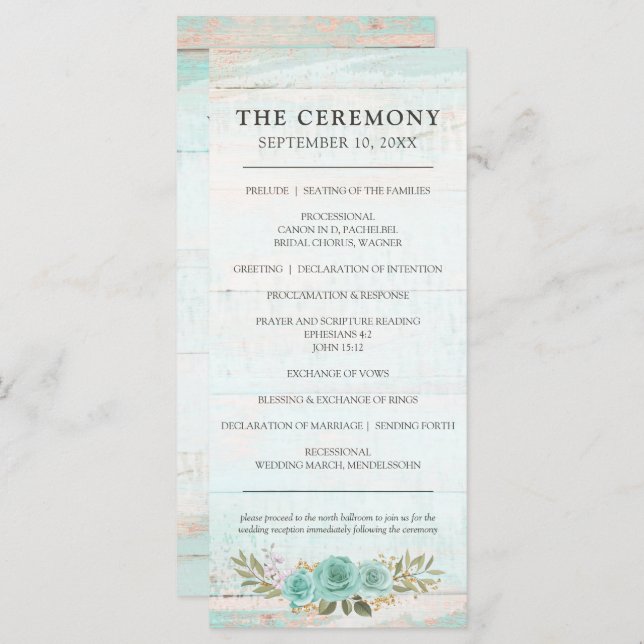Programa Rustic Wood Turquoise Floral Rosas Weding (Frente/Verso)