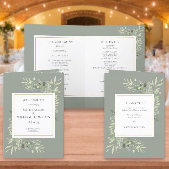 Programa Sage Green Greenery Foliage Wedding (Criador carregado)