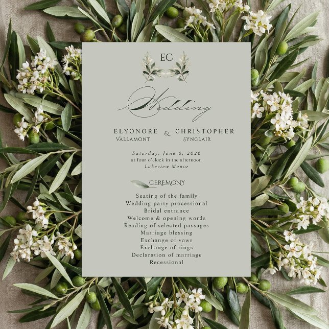 Programa Sage Green Olive Branch Monogram Wedding Program  (Criador carregado)