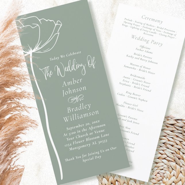 Programa Sage Green White Floral Moderno Casamento Mínimo (Criador carregado)