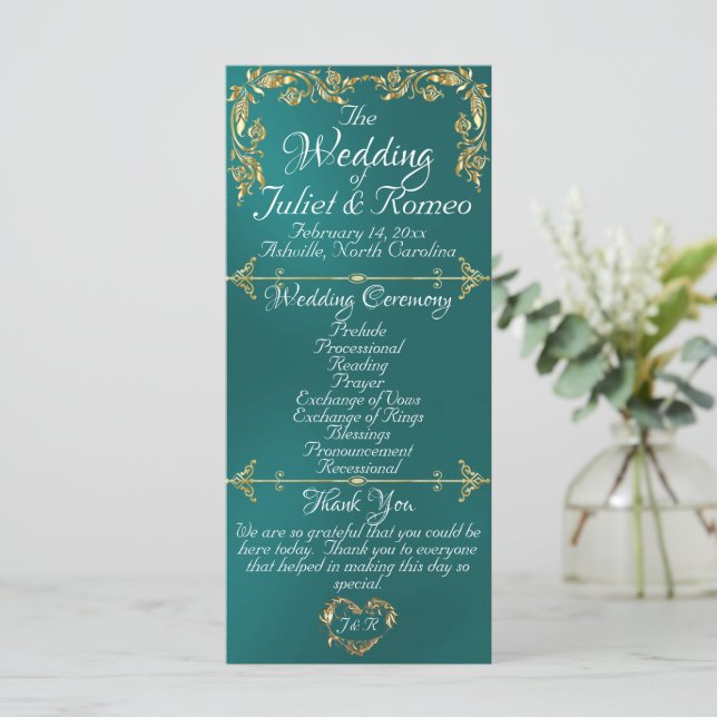 Programa Script Elegante e Folhas Douradas - Casamento Teal (Em pé/Frente)