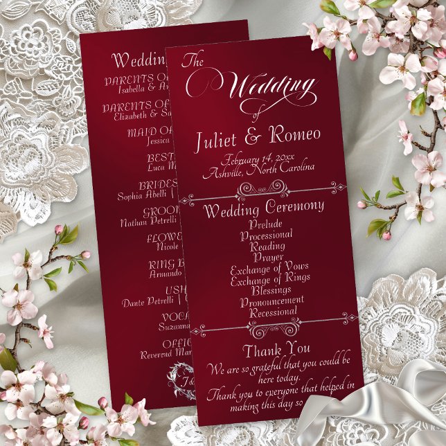 Programa Script & Monograma Elegante - Casamento Bordeaux (Criador carregado)