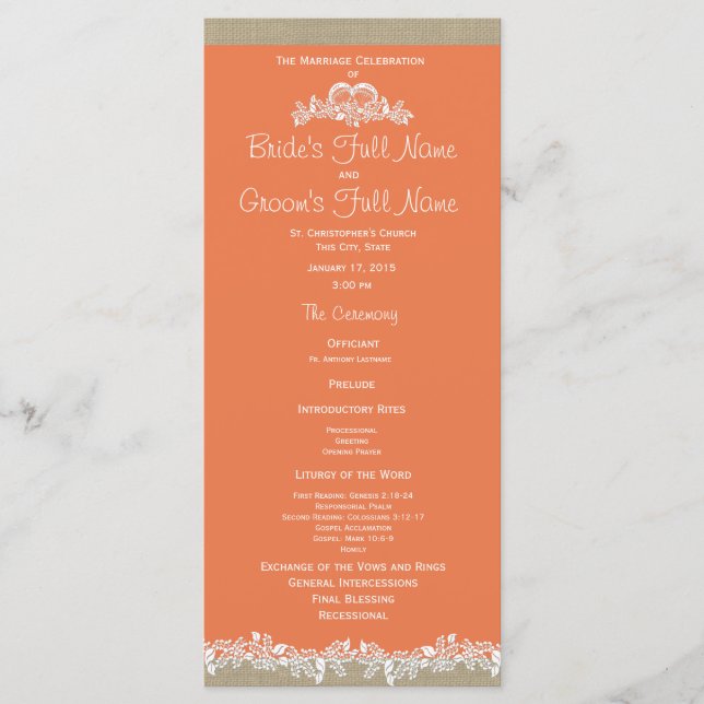 Programa Sea Garland Tangerine e Burlap Wedprogramme (Frente)