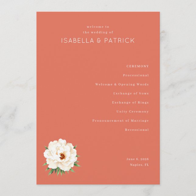 Programa Serene Coral Floral Wedding Ceremony Schedule (Frente)