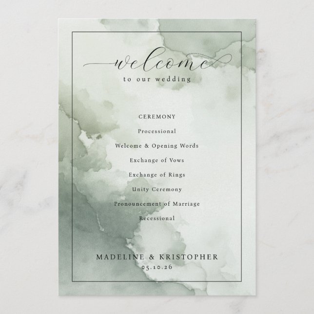 Programa Serene Green Watercolor Wedding Ceremony Schedule (Frente)