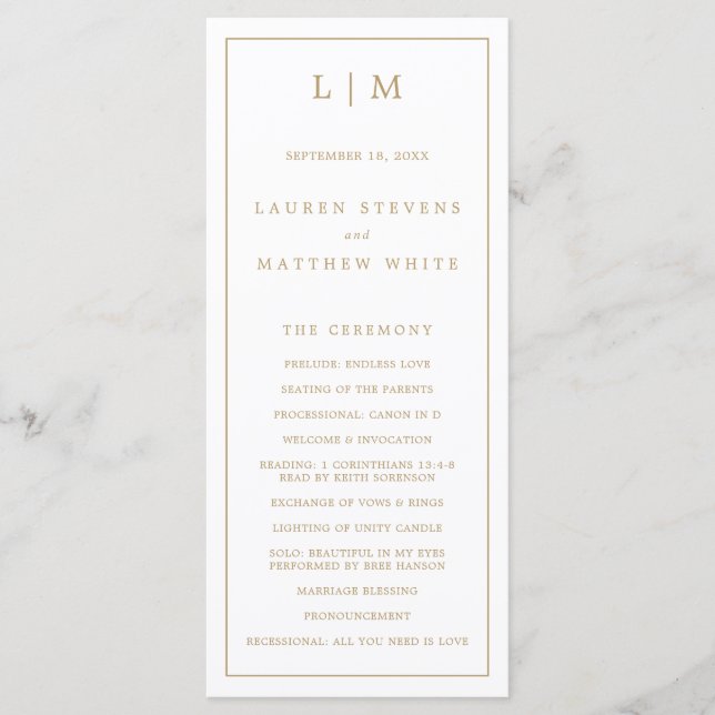 Programa Simples Casamento Dourado Monograma Elegante (Frente)