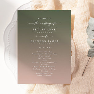 Programa Simples Cerimônia de Casamento Verde e Rosa Escuro