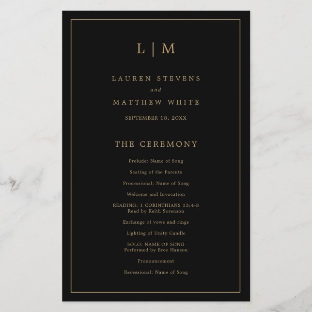 Programa Simples de Casamento de Monogramas Preto  (Frente)