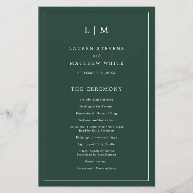 Programa Simples de Casamento de Monogramas Verdes (Frente)