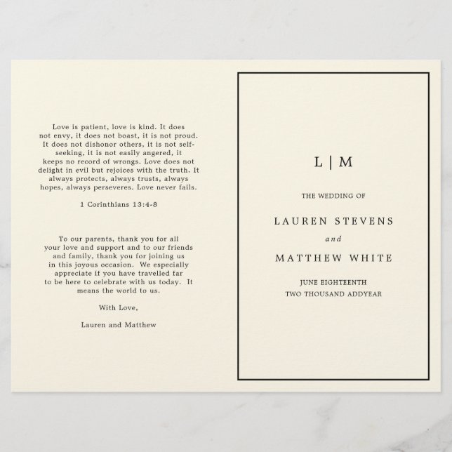 Programa Simples de Casamento Elegante de Monogram (Frente)
