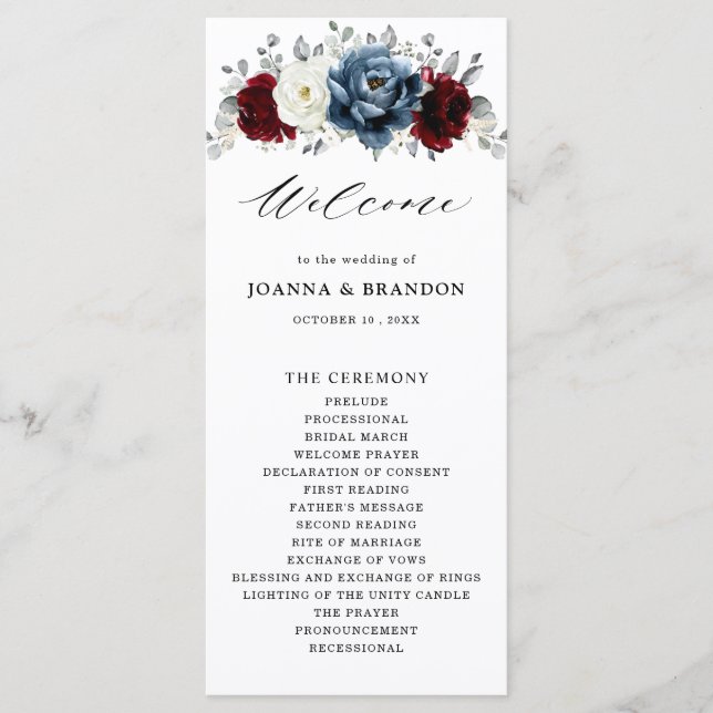 Programa Slate Blue Burgundy White Ivory Floral Casamento (Frente)