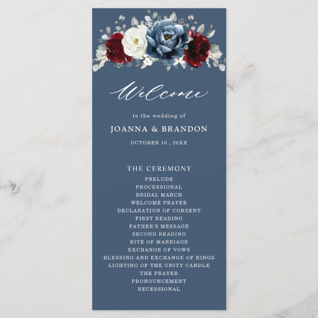Programa Slate Blue Burgundy White Ivory Floral Casamento P (Frente)