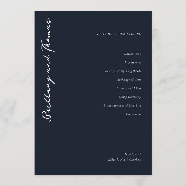 Programa Sophisticated Navy Minimalist Wedding Program (Frente)