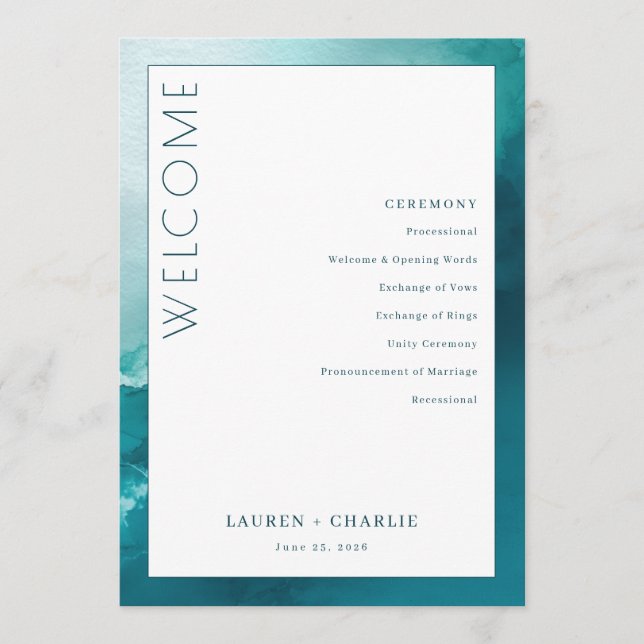 Programa Sophisticated Teal Watercolor Ceremony Schedule (Frente)