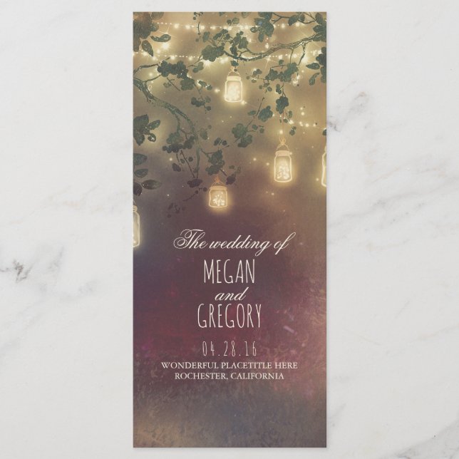 Programa String Lights Mason Jar Rustic Wedding Programs (Frente)