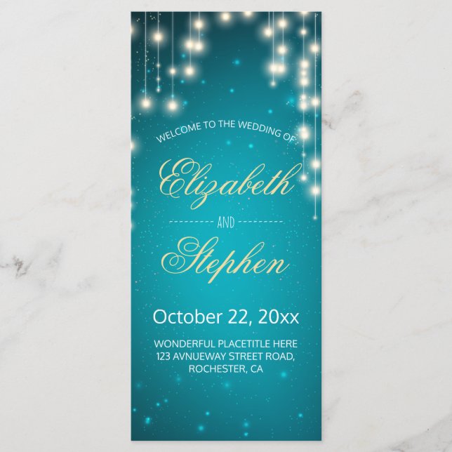 Programa String Lights & Turquoise Glitter Weding Program (Frente)