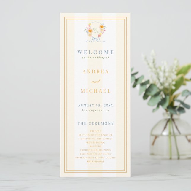 Programa Stripes Floral Crest Monogram & Bow Spring Wedding (Em pé/Frente)