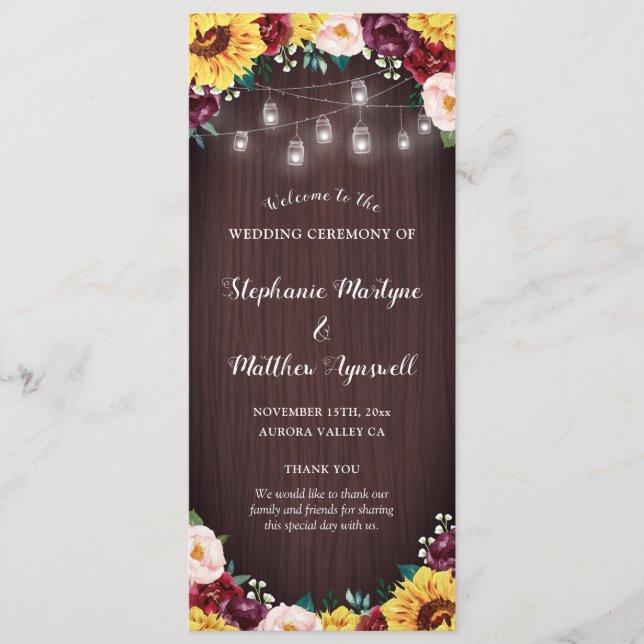 Programa Sunflower Jars Luzes Madeira Borgonha Casamento Es (Frente)