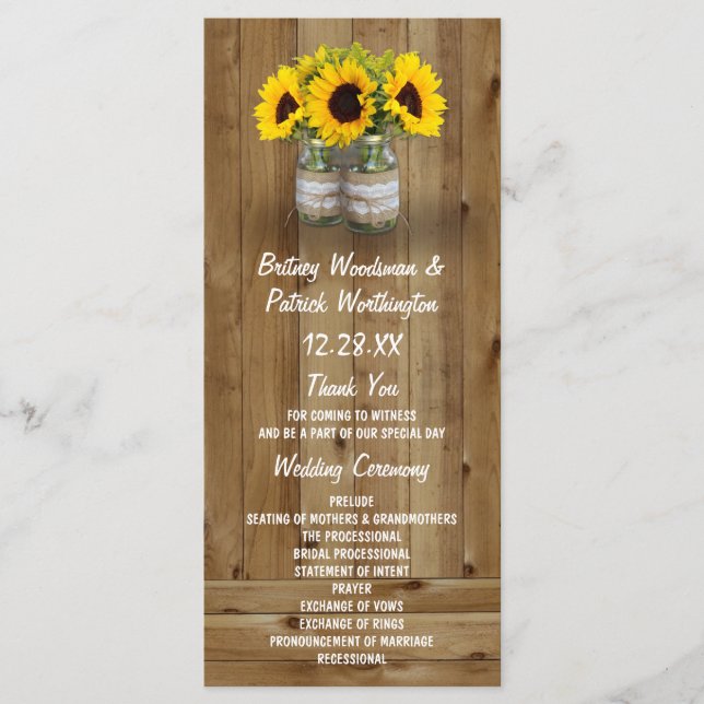 Programa Sunflower Mason Jar Burlap + Lace Wedding Programs (Frente)