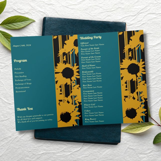Programa Sunflower Teal Blue Gold Modern Folded Wedding  (Criador carregado)