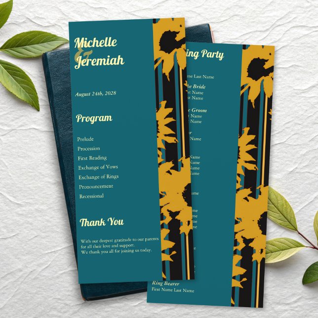 Programa Sunflower Teal Blue Gold Modern Wedding (Criador carregado)