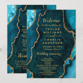 Programa Teal Blue and Gold Agate Wedding Program