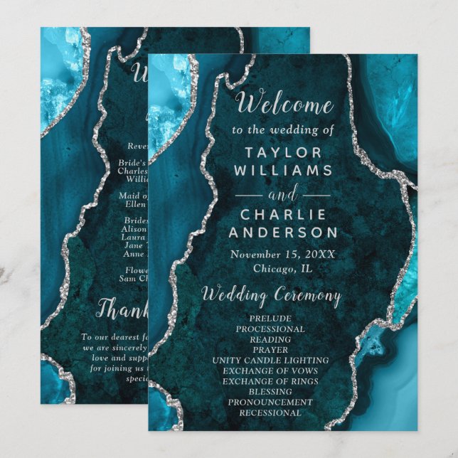 Programa Teal Blue and Silver Agate Wedding Program (Frente/Verso)