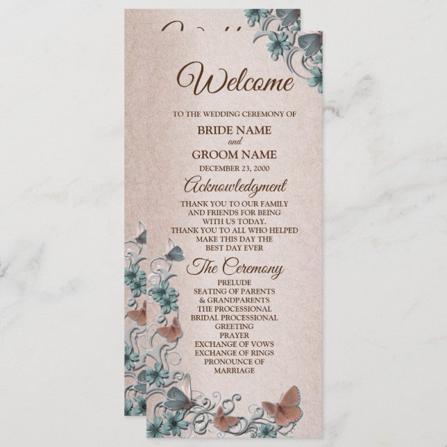 Programa Teal Silver Floral Copper Butterfly Tan Wedding (Frente/Verso)