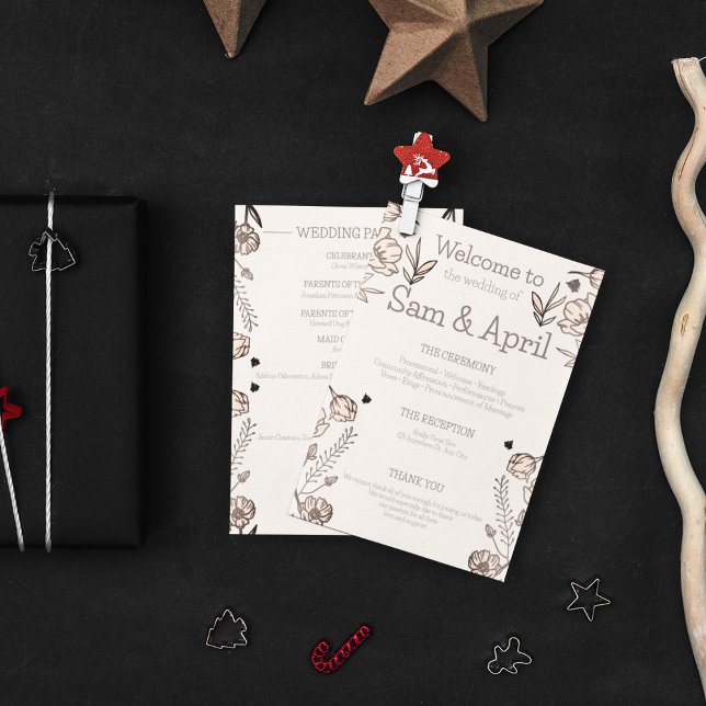 Programa Tema de Casamento Floral Brown (Wedding ceremony detailed card in your wedding theme)