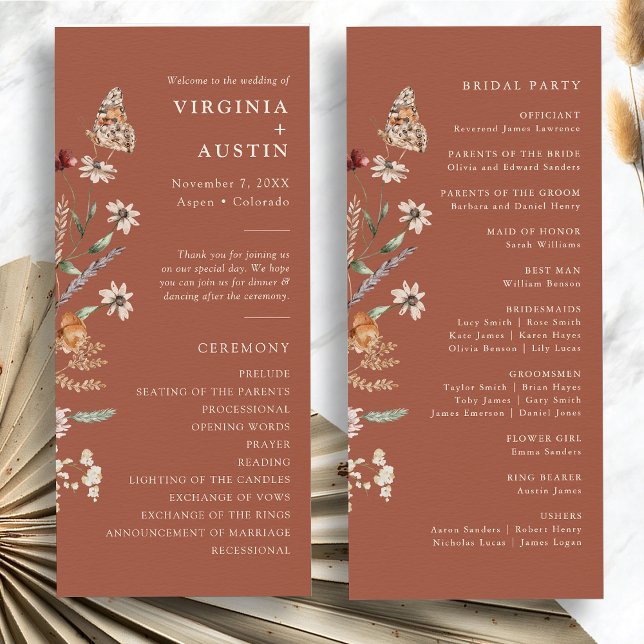Programa Terracotta Boho Floral Wedding (Terracotta Boho Floral Wedding Program with Butterfly by Painted Paperie
)