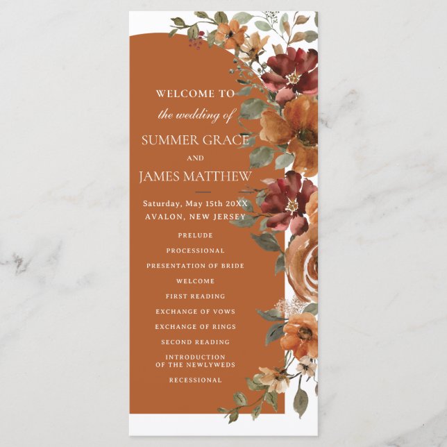 Programa Terracotta Burnt Orange Rust Arch Casamento Floral (Frente)