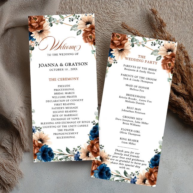 Programa Terracotta Marinho Blue Greenery Casamento Geométr (Terracotta Navy Blue Greenery Geometric Wedding Program)
