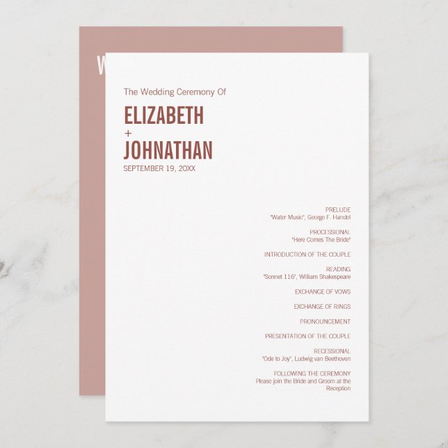 Programa Tipografia de Casamento Simples Boho Dusty Rosa (Frente/Verso)